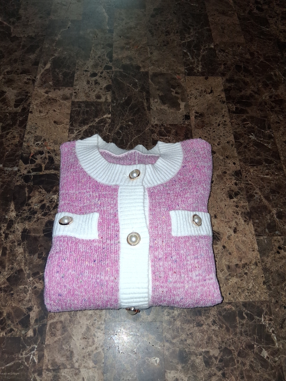 Pink Knit Cardigan with White Trim - Picture 4 of 4